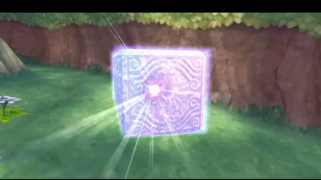 A Goddess Cube glows purple and bursts with light in the Deep Woods as Link strikes it.