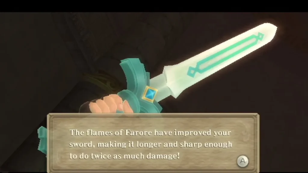 The flames of Farore have improved Link's sword, making it longer and twice as damaging.
