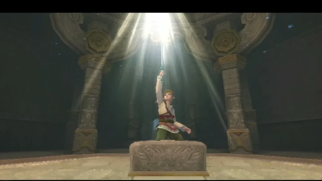 Link lifts the Goddess Sword from its pedestal, with light streaming down from above in the Chamber of the Sword.