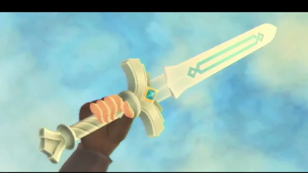 Link holds the upgraded Goddess White Sword up against a pale blue sky after Nayru's Flame.