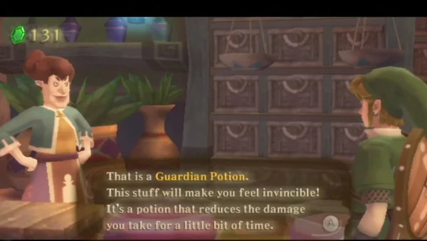 A Skyloft shop box explains that a Guardian Potion reduces the damage you take for a little while.