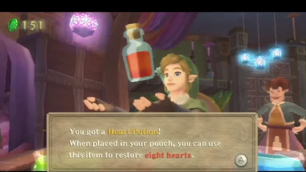 Link holds up a Heart Potion, and its box says that when placed in your pouch it restores eight hearts.