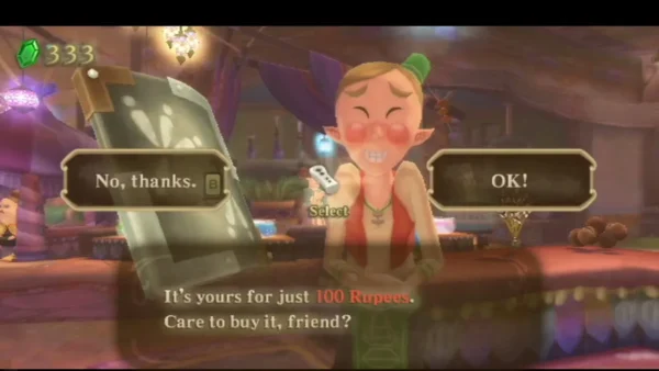 The Bazaar shopkeeper offers an Iron Shield for 100 Rupees and asks Link whether he wants to buy it.