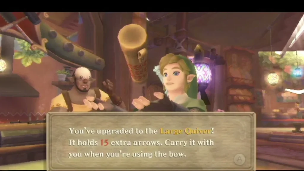 Link holds up the Large Quiver after the last Scrap Shop upgrade, which holds fifteen extra arrows.