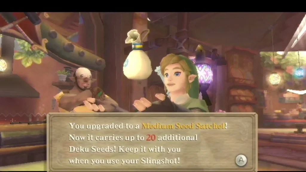 At the Scrap Shop, the upgraded Medium Seed Satchel is shown with its box, which says it carries twenty extra Deku Seeds.