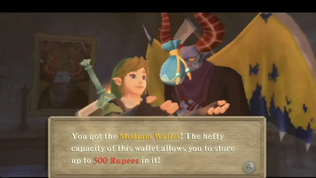 Batreaux hands Link a blue Medium Wallet, and the box says it can store up to 500 Rupees.