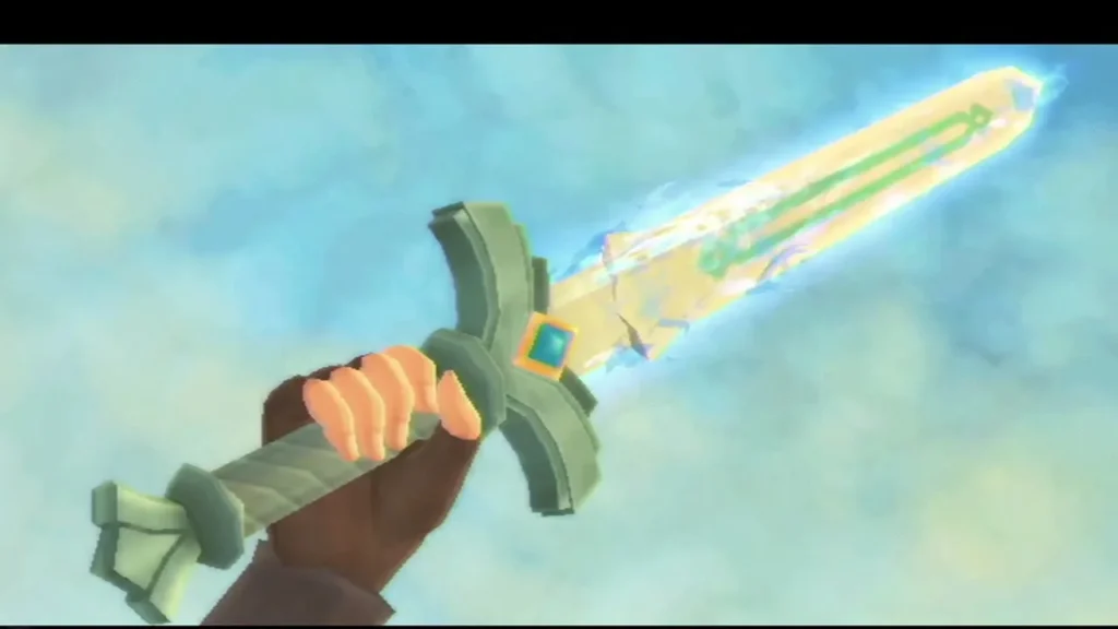 Close-up of Link's Goddess Sword with a blue glow running along the blade as it changes form.