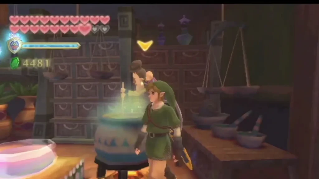 A potion shopkeeper infuses a brew in a bubbling cauldron while Link looks on.