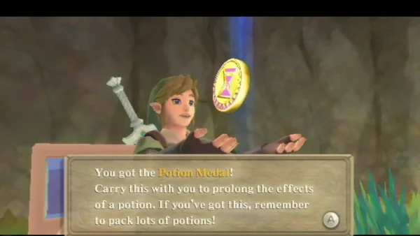 Link holds up the Potion Medal, and its box says it prolongs the effects of a potion.