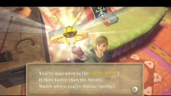 The Quick Beetle flies above Link as a message box says it flies faster than the Beetle
