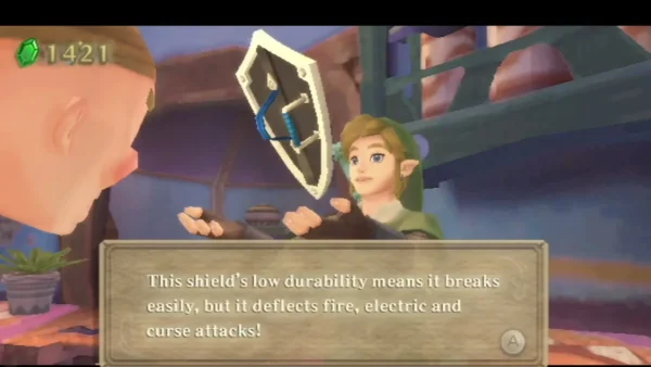 The shopkeeper shows Link the Sacred Shield, and the box says it breaks easily but deflects fire, electric and curse attacks.