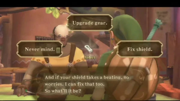 Scrap Shop owner offers Upgrade gear or Fix shield choices while Link holds his wooden shield.