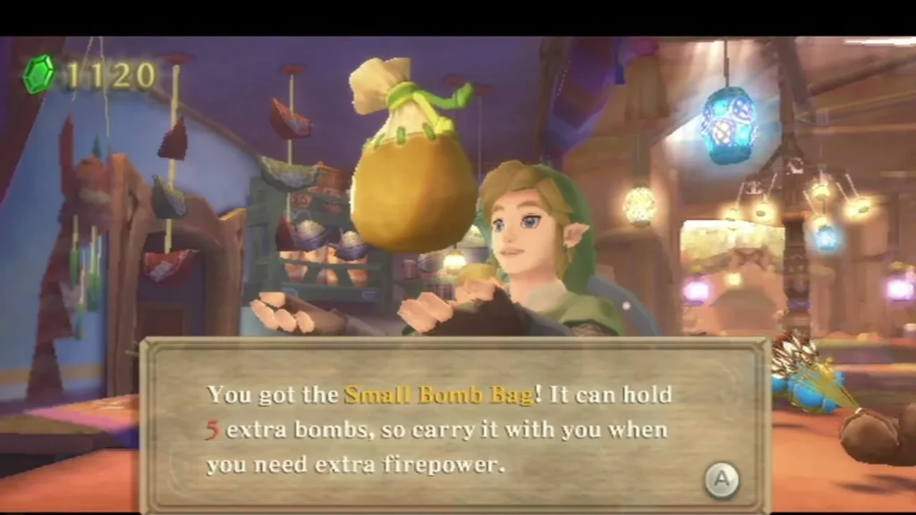 Link holds up a Small Bomb Bag bought in Skyloft, and the box says it can hold five extra bombs.