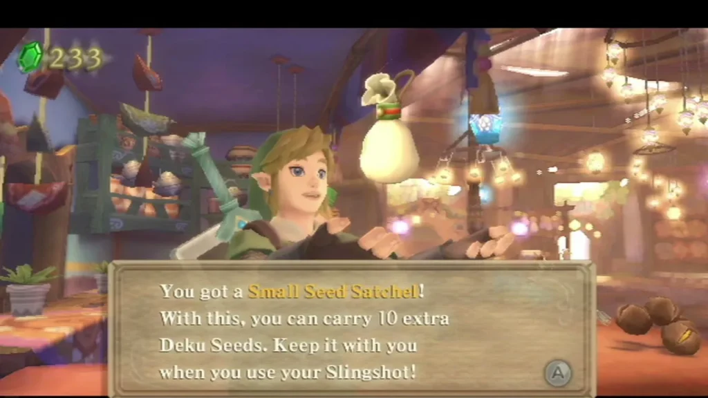 Link holds up a Small Seed Satchel from the Skyloft Bazaar, and the box says it carries ten extra Deku Seeds.
