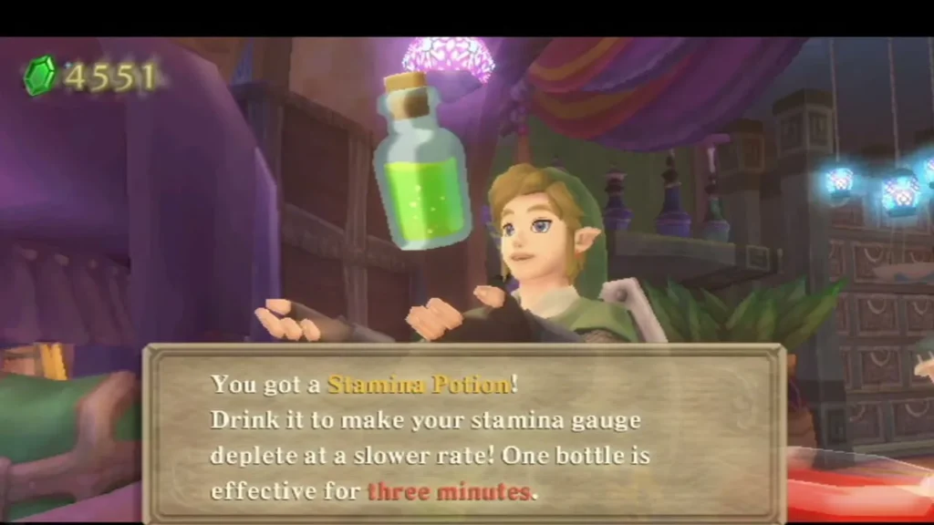 Link holds up a Stamina Potion, and the box says it makes his stamina gauge deplete at a slower rate.