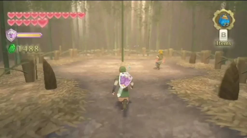 Link walks into a misty bamboo clearing on Bamboo Island as a man waits ahead on the path Link walks into a misty bamboo clearing on Bamboo Island as a man waits ahead on the path