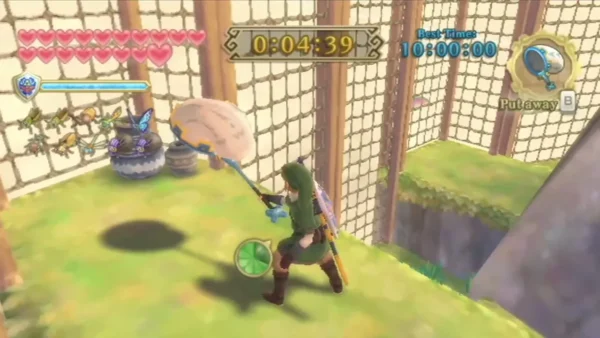 Link swings a Bug Net in the netted bug field with the challenge timer at 4 minutes 39 seconds. Link swings a Bug Net in the netted bug field with the challenge timer at 4 minutes 39 seconds.