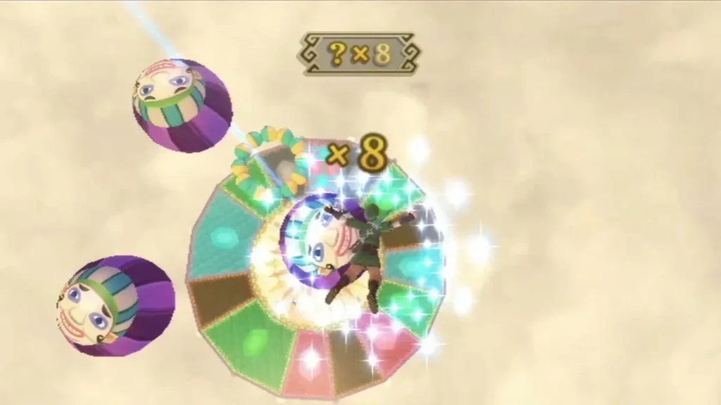 Link flies through the Fortune Rings at an eight-times multiplier, with two of Dodoh's balls drifting past. Link flies through the Fortune Rings at an eight-times multiplier, with two of Dodoh's balls drifting past.