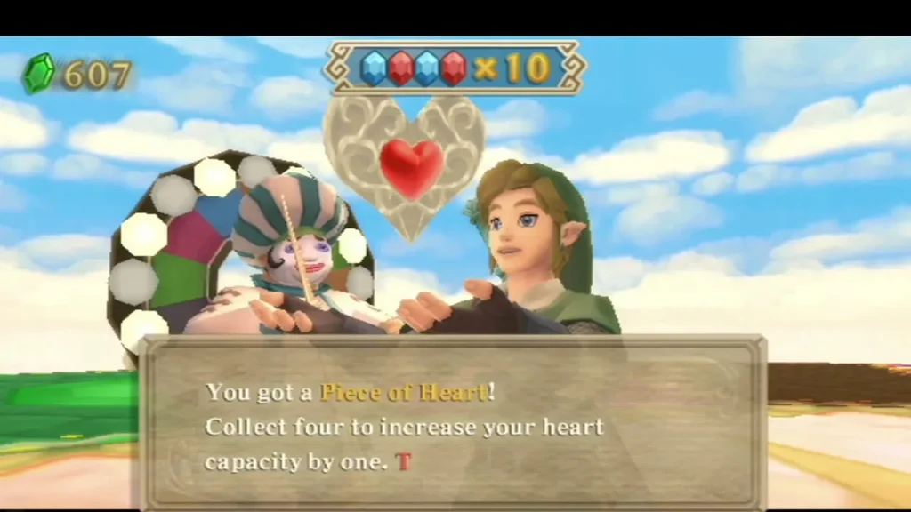 Link and Dodoh hold up a Piece of Heart box after the Fortune Rings run, the multiplier at x10 above them. Link and Dodoh hold up a Piece of Heart box after the Fortune Rings run, the multiplier at x10 above them.