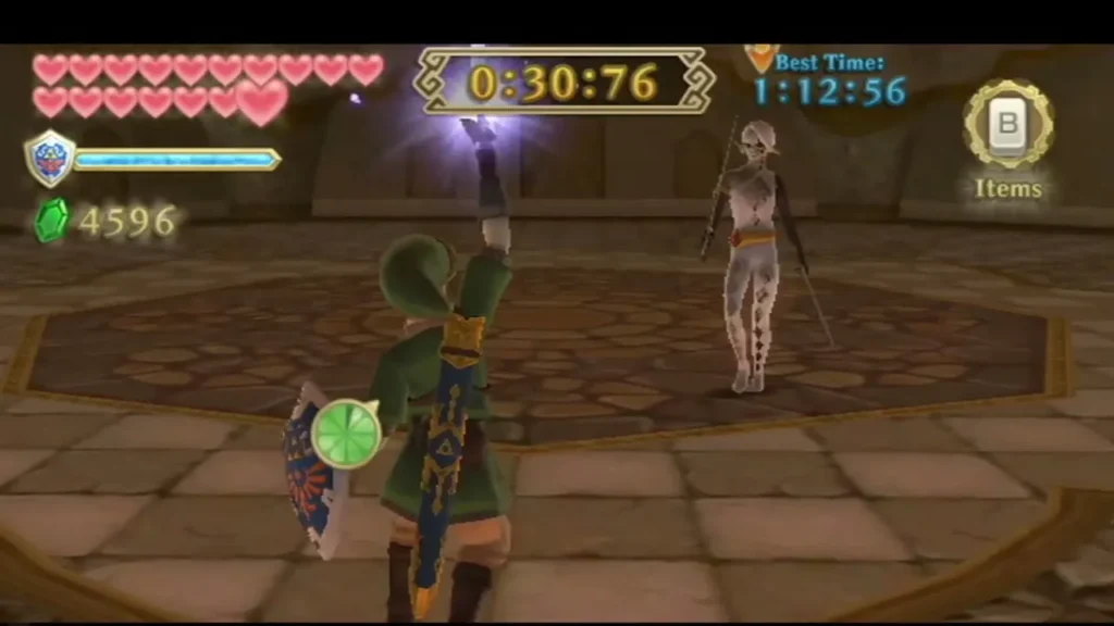 Link faces Ghirahim in a tiled arena with the Hylian Shield on his arm and the round timer running. Link faces Ghirahim in a tiled arena with the Hylian Shield on his arm and the round timer running.