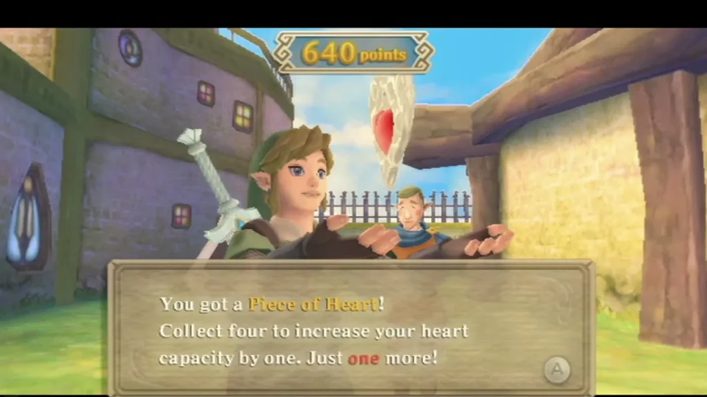 Link reads a Piece of Heart box after a 640-point Pumpkin Pull round, with the Skyloft host beside him. Link reads a Piece of Heart box after a 640-point Pumpkin Pull round, with the Skyloft host beside him.