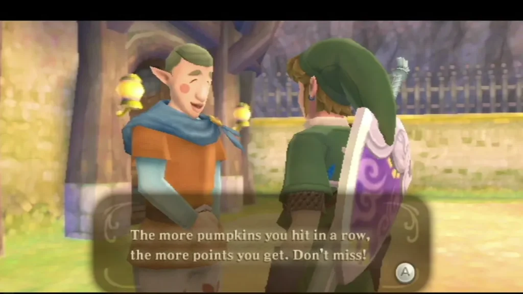 A Skyloft host tells Link that the more pumpkins he hits in a row, the more points he gets. A Skyloft host tells Link that the more pumpkins he hits in a row, the more points he gets.