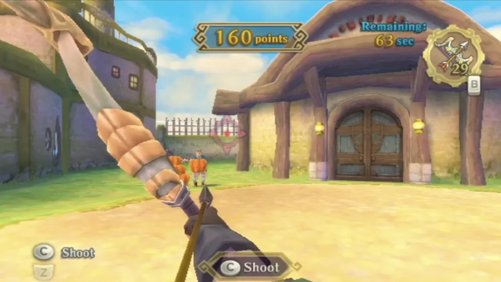 Link draws the Bow at pumpkins in Skyloft, with the counter at 160 points and 63 seconds left. Link draws the Bow at pumpkins in Skyloft, with the counter at 160 points and 63 seconds left.