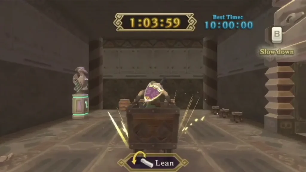 Link rides a mine cart on the Heart Stopping track at the finish. Link rides a mine cart on the Heart Stopping track at the finish.