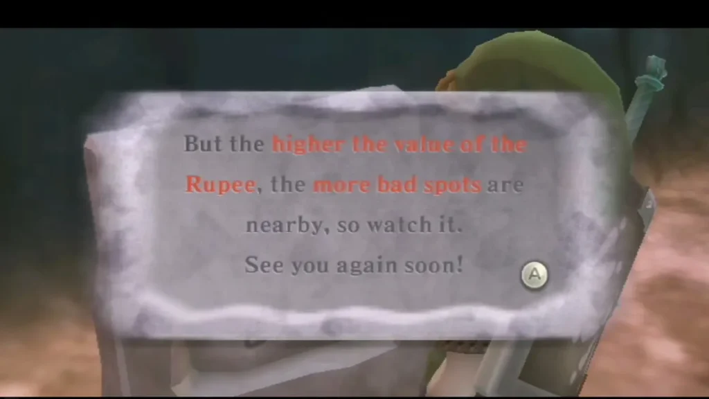 A stone tablet warns that the higher the value of a Rupee, the more bad spots are nearby. A stone tablet warns that the higher the value of a Rupee, the more bad spots are nearby.