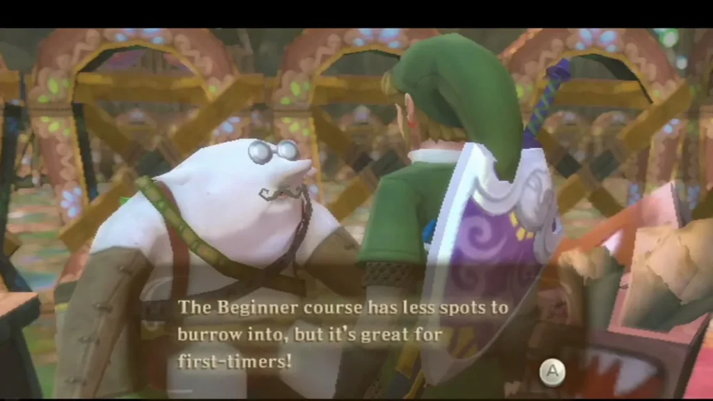 The white Mogma host tells Link the Beginner Thrill Digger course has fewer spots to burrow into. The white Mogma host tells Link the Beginner Thrill Digger course has fewer spots to burrow into.