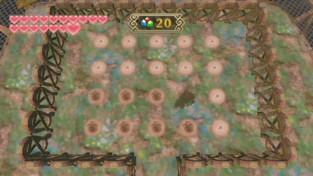 Top-down view of a Thrill Digger board with several holes dug and the Rupee counter at 20. Top-down view of a Thrill Digger board with several holes dug and the Rupee counter at 20.