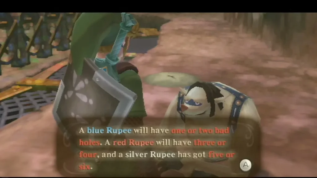 The Thrill Digger host explains that blue Rupees hide one or two bad holes, red three or four and silver five or six. The Thrill Digger host explains that blue Rupees hide one or two bad holes, red three or four and silver five or six.