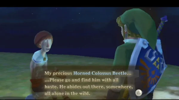 Beedle begs Link to find his precious Horned Colossus Beetle, which is out alone in the wild Beedle begs Link to find his precious Horned Colossus Beetle, which is out alone in the wild