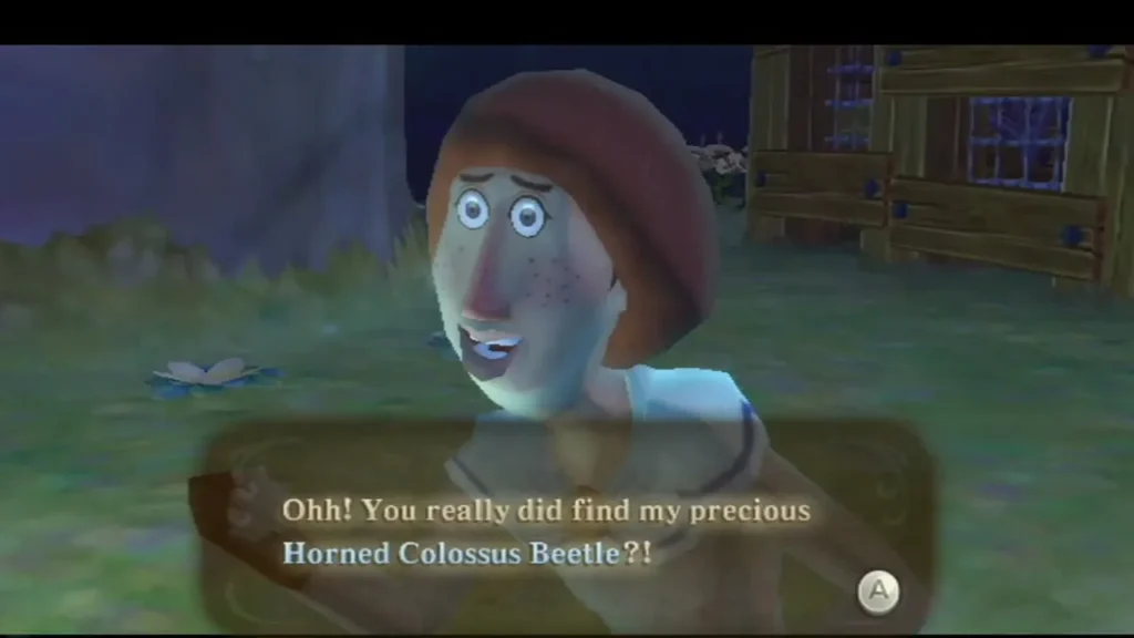 Beedle exclaims that Link really found his precious Horned Colossus Beetle, at night in Skyloft. Beedle exclaims that Link really found his precious Horned Colossus Beetle, at night in Skyloft.