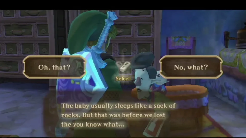 Bertie explains beside the baby cot that the baby usually sleeps like a sack of rocks, with choices on screen. Bertie explains beside the baby cot that the baby usually sleeps like a sack of rocks, with choices on screen.