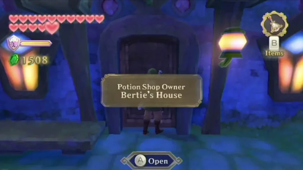 Night view of Bertie's House in Skyloft, its Potion Shop Owner sign above the door and an Open prompt. Night view of Bertie's House in Skyloft, its Potion Shop Owner sign above the door and an Open prompt.