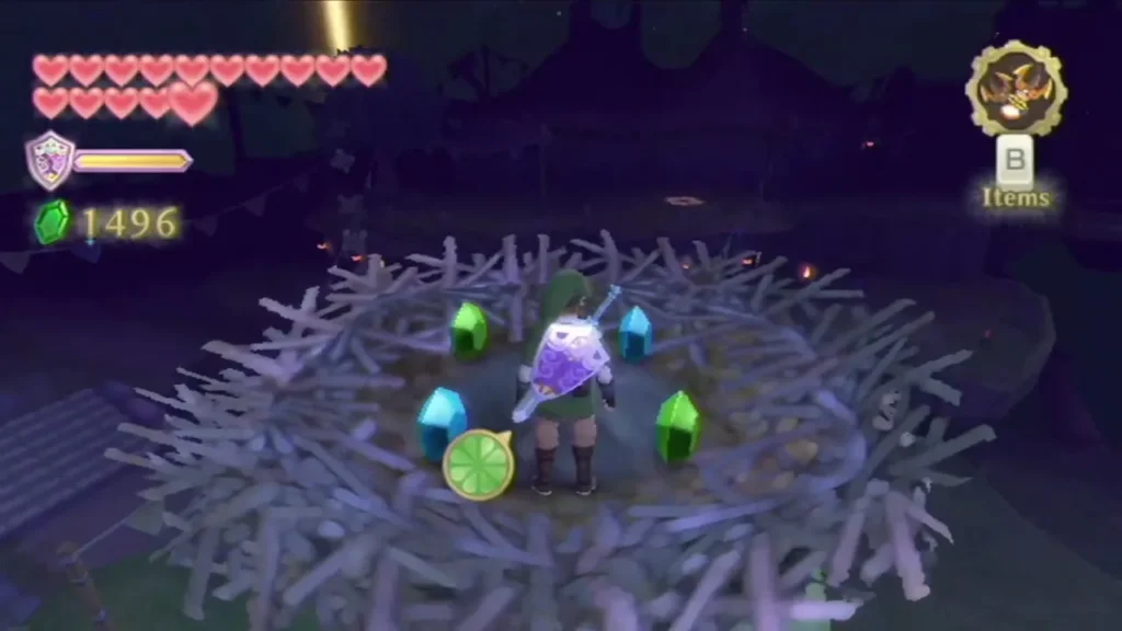 Link stands in a large twig nest at night, with green and blue crystals on its floor. Link stands in a large twig nest at night, with green and blue crystals on its floor.