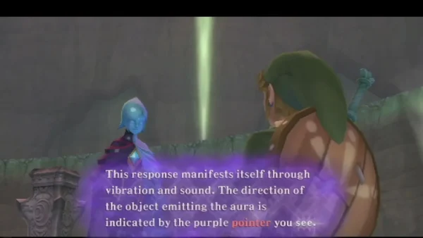 Fi explains that dowsing senses an object's aura as vibration and sound, with a purple pointer showing its direction. Fi explains that dowsing senses an object's aura as vibration and sound, with a purple pointer showing its direction.
