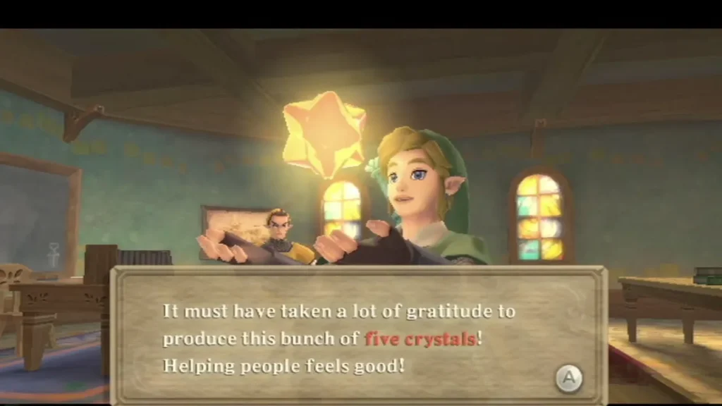 Link holds up five glowing Gratitude Crystals in the Knight Academy, the message box praising the gratitude behind them. Link holds up five glowing Gratitude Crystals in the Knight Academy, the message box praising the gratitude behind them.