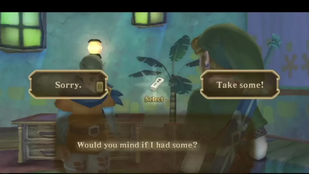 Fledge asks whether he may have some, with Sorry and Take some! choices on screen. Fledge asks whether he may have some, with Sorry and Take some! choices on screen.