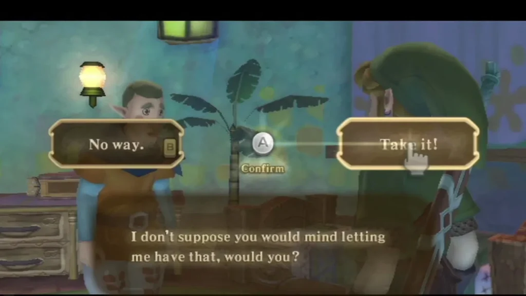 Fledge asks to keep the Stamina Potion, with No way and Take it! choices on screen. Fledge asks to keep the Stamina Potion, with No way and Take it! choices on screen.