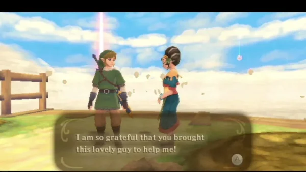 Kina thanks Link for bringing a helper who can dig her pumpkin field, Link standing beside her. Kina thanks Link for bringing a helper who can dig her pumpkin field, Link standing beside her.