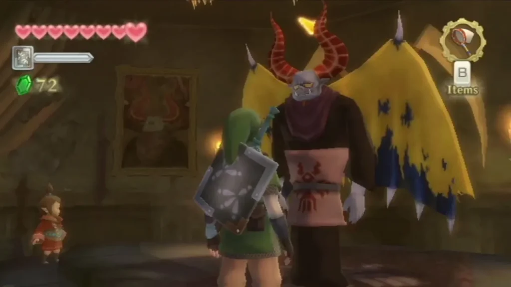 Link stands in the demon's candlelit hall beside Batreaux and the girl Kukiel, dressed in red. Link stands in the demon's candlelit hall beside Batreaux and the girl Kukiel, dressed in red.