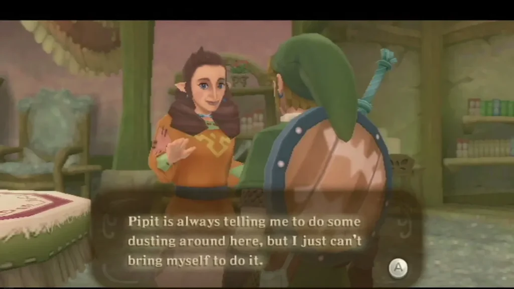 Mallara stands in her pink-walled Skyloft house and says Pipit keeps telling her to dust, but she cannot bring herself to. Mallara stands in her pink-walled Skyloft house and says Pipit keeps telling her to dust, but she cannot bring herself to.