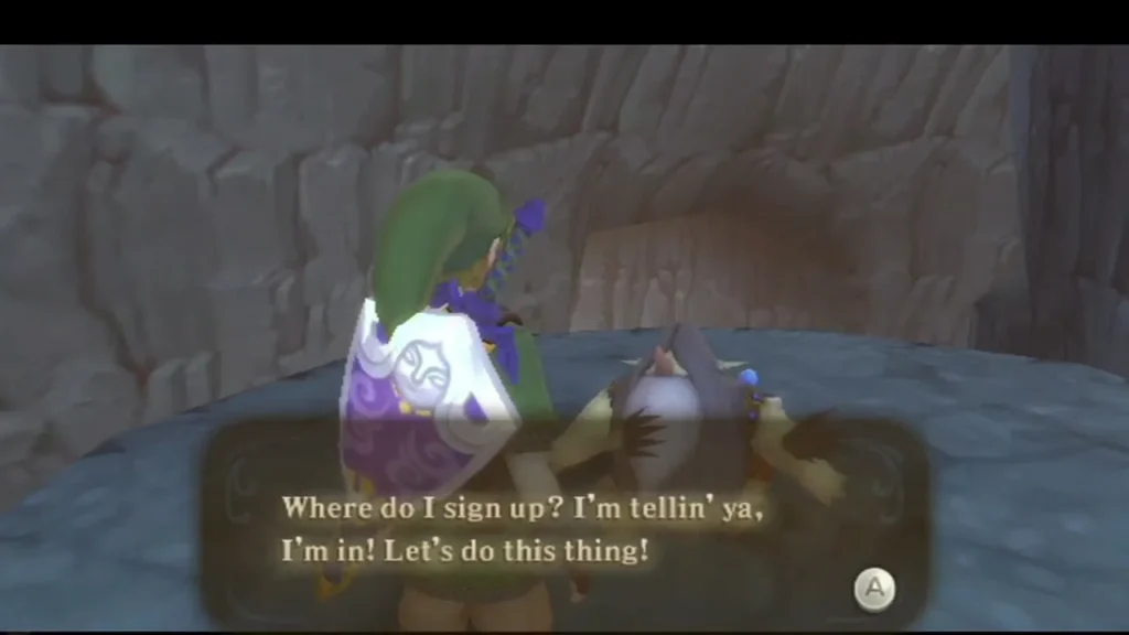 A Mogma in an Eldin Volcano tunnel says he is in and wants to do this thing, Link beside him. A Mogma in an Eldin Volcano tunnel says he is in and wants to do this thing, Link beside him.