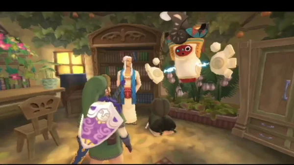 Oolo the Kikwi floats in Owlan's room while Link and the instructor look on. Oolo the Kikwi floats in Owlan's room while Link and the instructor look on.