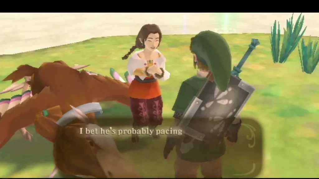 Orielle smiles beside her injured Loftwing on the grass island as Link stands nearby. Orielle smiles beside her injured Loftwing on the grass island as Link stands nearby.