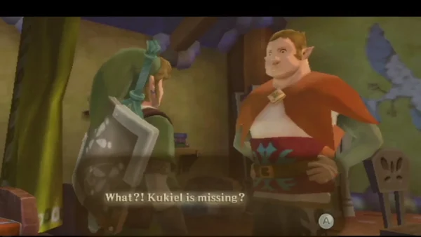Parrow in his Skyloft house reacts in shock to the news that Kukiel is missing Parrow in his Skyloft house reacts in shock to the news that Kukiel is missing