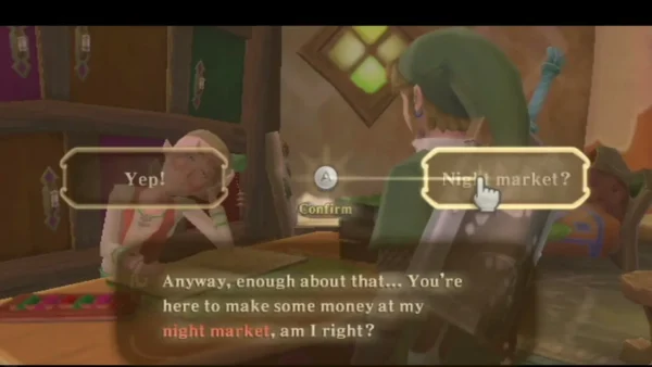 Peatrice, at her Item Check table, asks whether Link came to make money at her night market. Peatrice, at her Item Check table, asks whether Link came to make money at her night market.