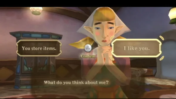 Peatrice asks what Link thinks of her, and the choices read You store items or I like you. Peatrice asks what Link thinks of her, and the choices read You store items or I like you.